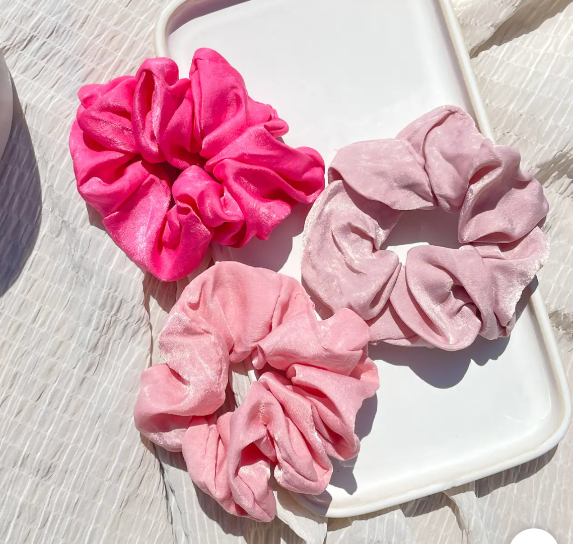 Pink Satin Scrunchies (Set of 3): Pinks-hair accessories- Hometown Style HTS, women's in store and online boutique located in Ingersoll, Ontario