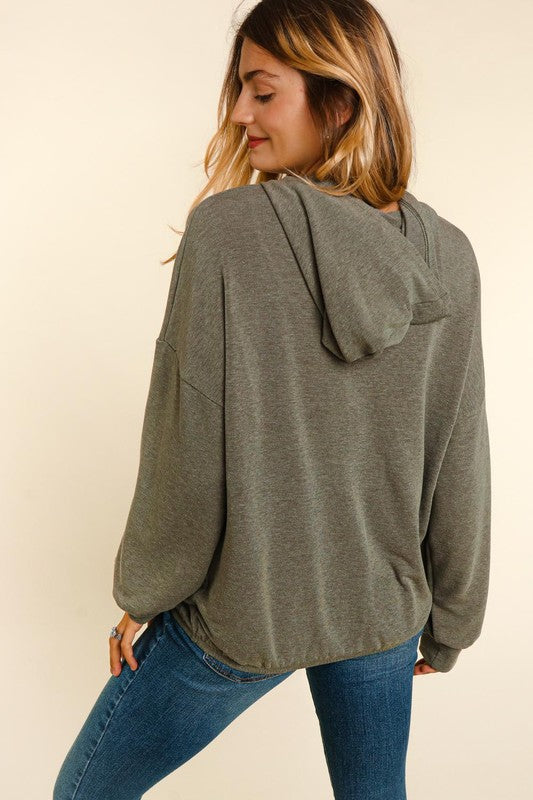 Half Zip Hoodie Pullover - Olive-Sweater- Hometown Style HTS, women's in store and online boutique located in Ingersoll, Ontario