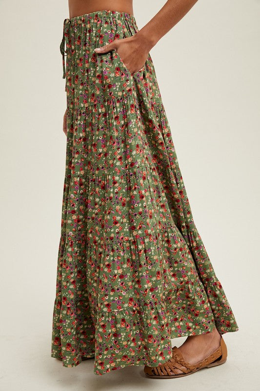 Tiered Floral Maxi Skirt - Green-skirt- Hometown Style HTS, women's in store and online boutique located in Ingersoll, Ontario