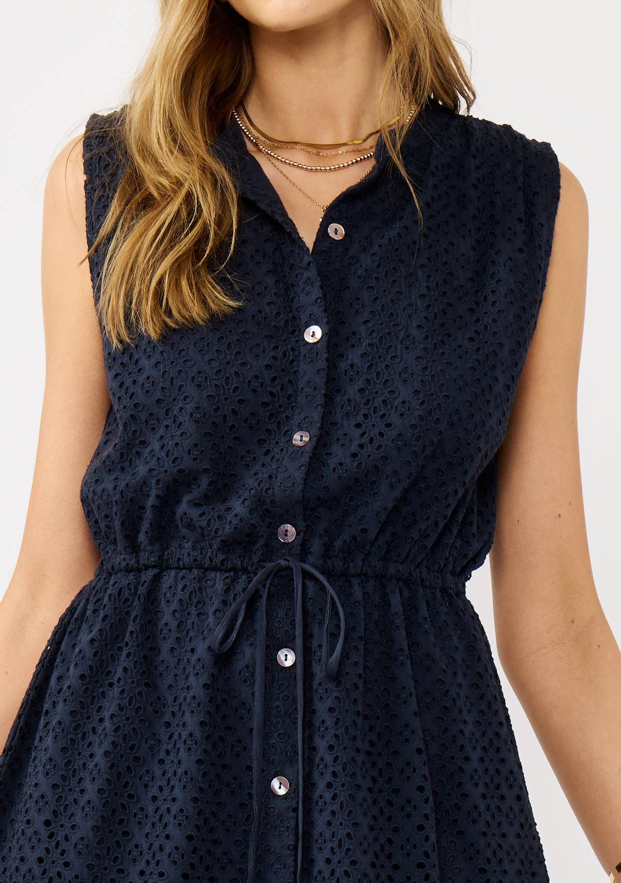 Floral Eyelet Button-Down Tank Dress - Navy-dress- Hometown Style HTS, women's in store and online boutique located in Ingersoll, Ontario