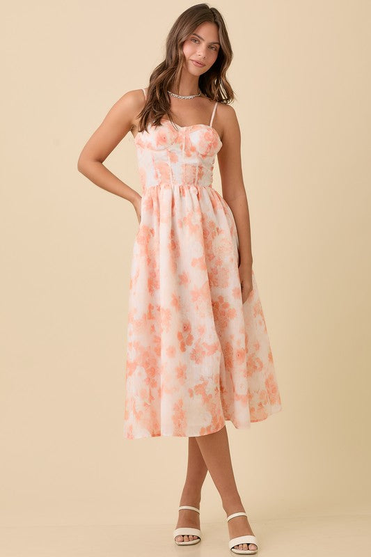 Corset Midi Floral Dress - Tangerine-dress- Hometown Style HTS, women's in store and online boutique located in Ingersoll, Ontario
