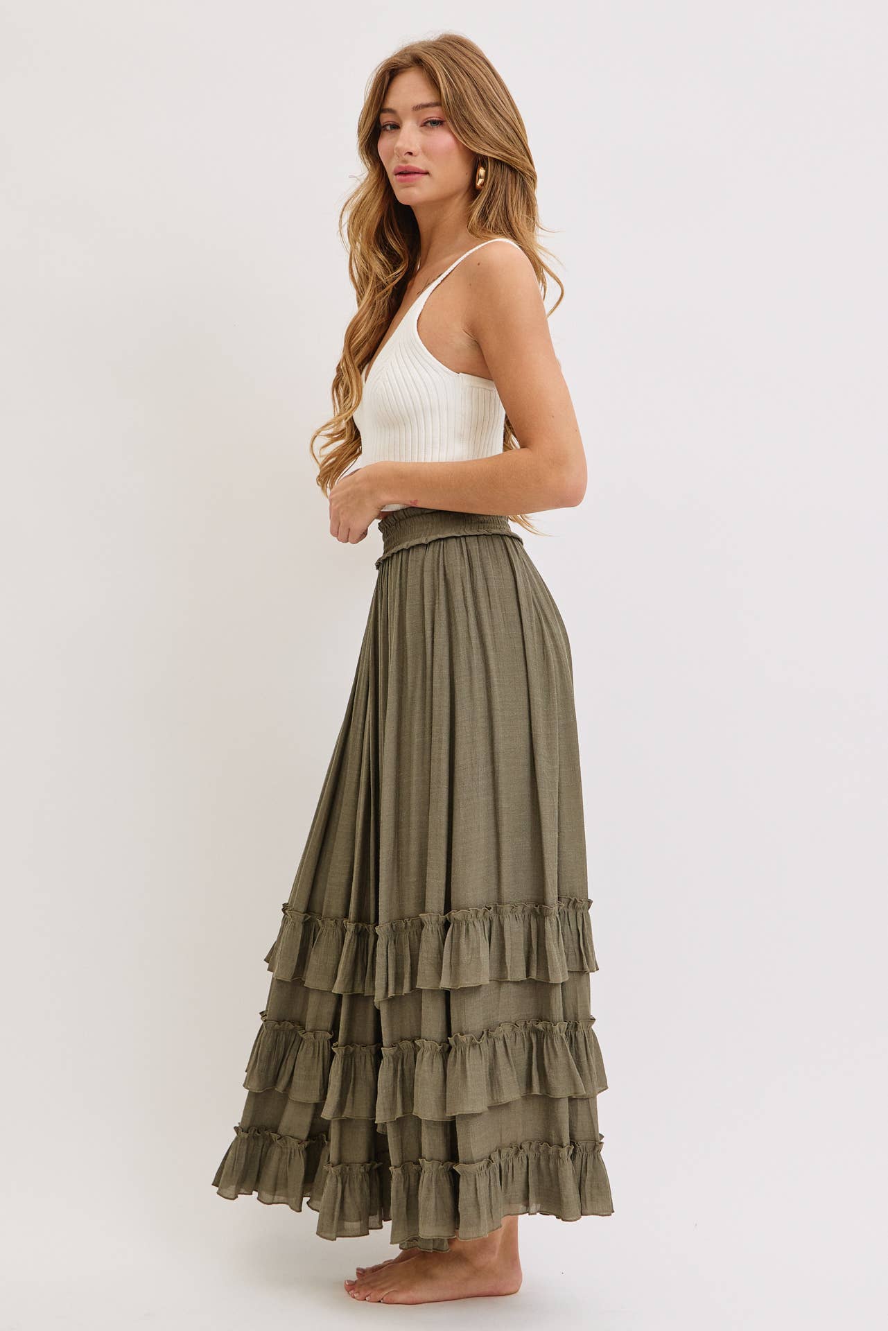 Tiered Ruffle Maxi Skirt - Olive-Skirt- Hometown Style HTS, women's in store and online boutique located in Ingersoll, Ontario
