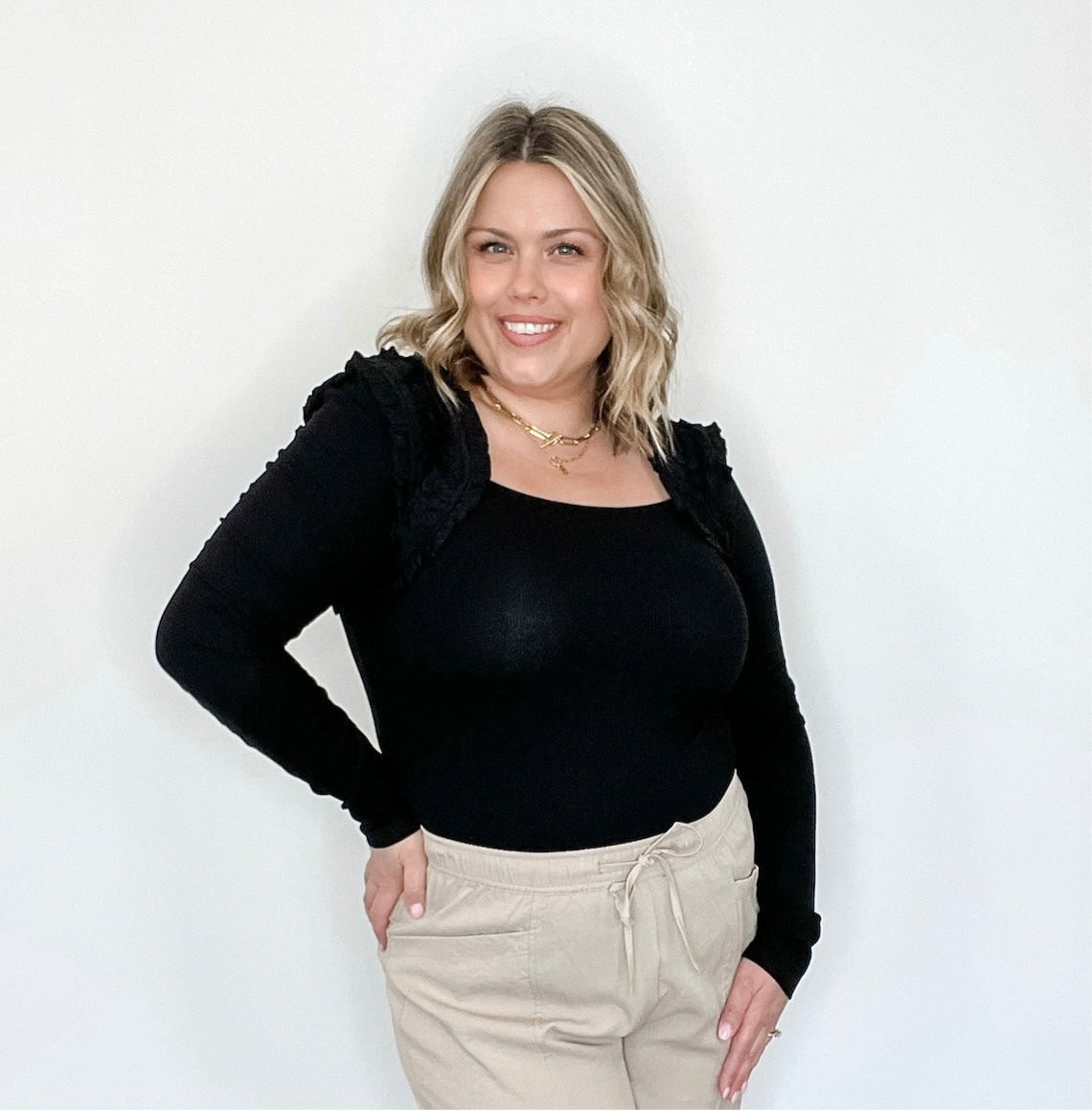 Ruffle Accent Long Sleeve - Black-Tops- Hometown Style HTS, women's in store and online boutique located in Ingersoll, Ontario