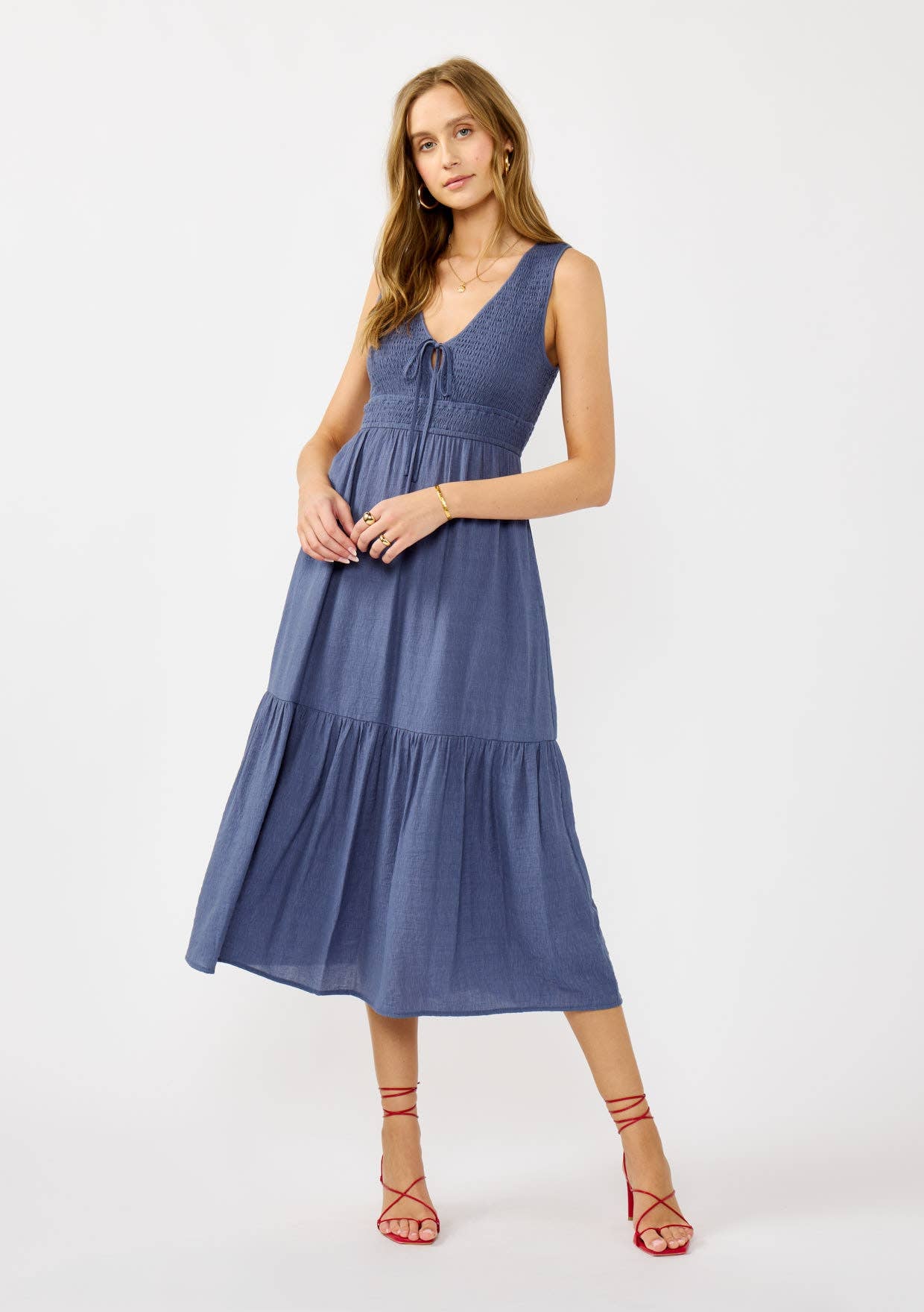 Flowy Tiered Midi Dress with Side Pockets-Slate Blue-dress- Hometown Style HTS, women's in store and online boutique located in Ingersoll, Ontario