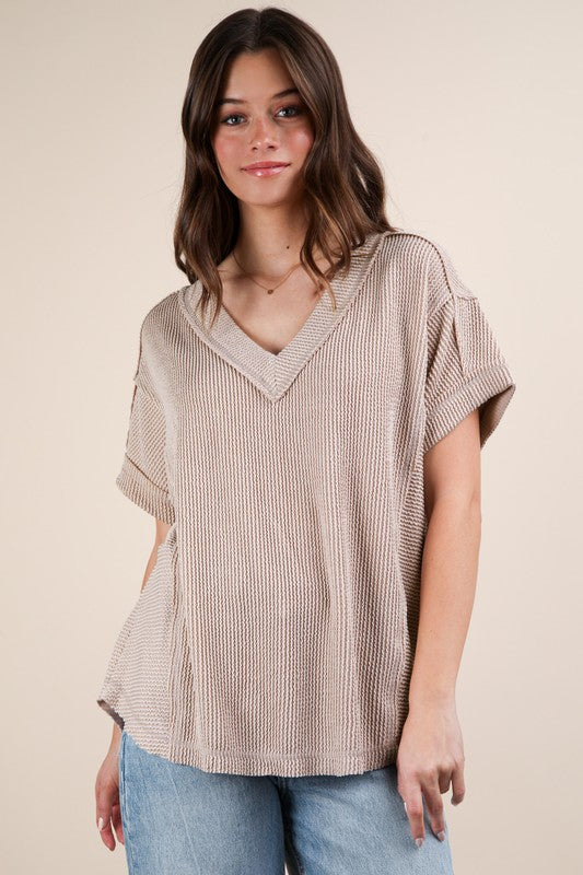Casual Ribbed Knit Tee - Oat-tee- Hometown Style HTS, women's in store and online boutique located in Ingersoll, Ontario