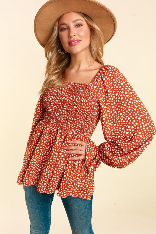 Long Sleeve Babydoll - Rust-blouse- Hometown Style HTS, women's in store and online boutique located in Ingersoll, Ontario