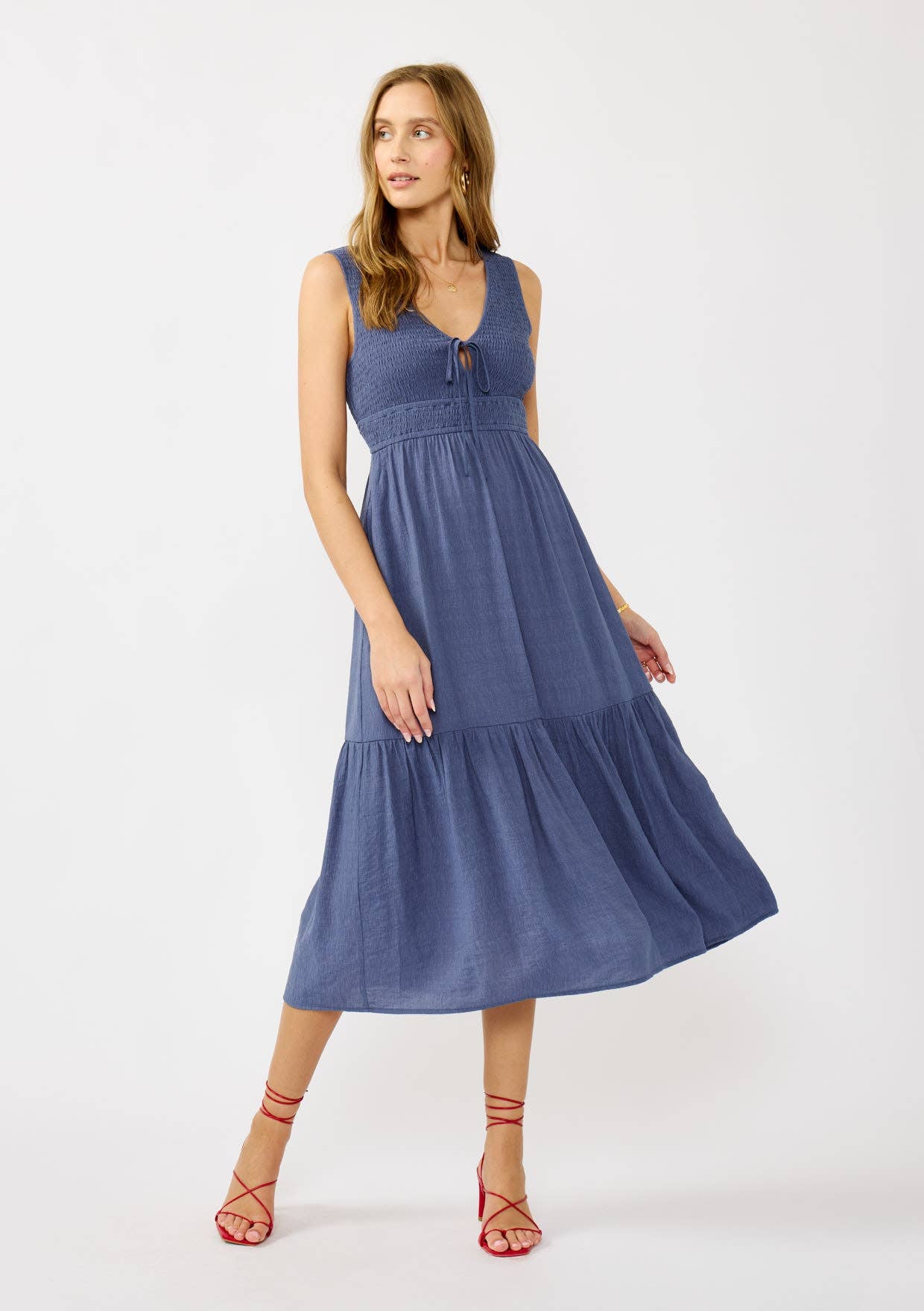 Flowy Tiered Midi Dress with Side Pockets-Slate Blue-dress- Hometown Style HTS, women's in store and online boutique located in Ingersoll, Ontario