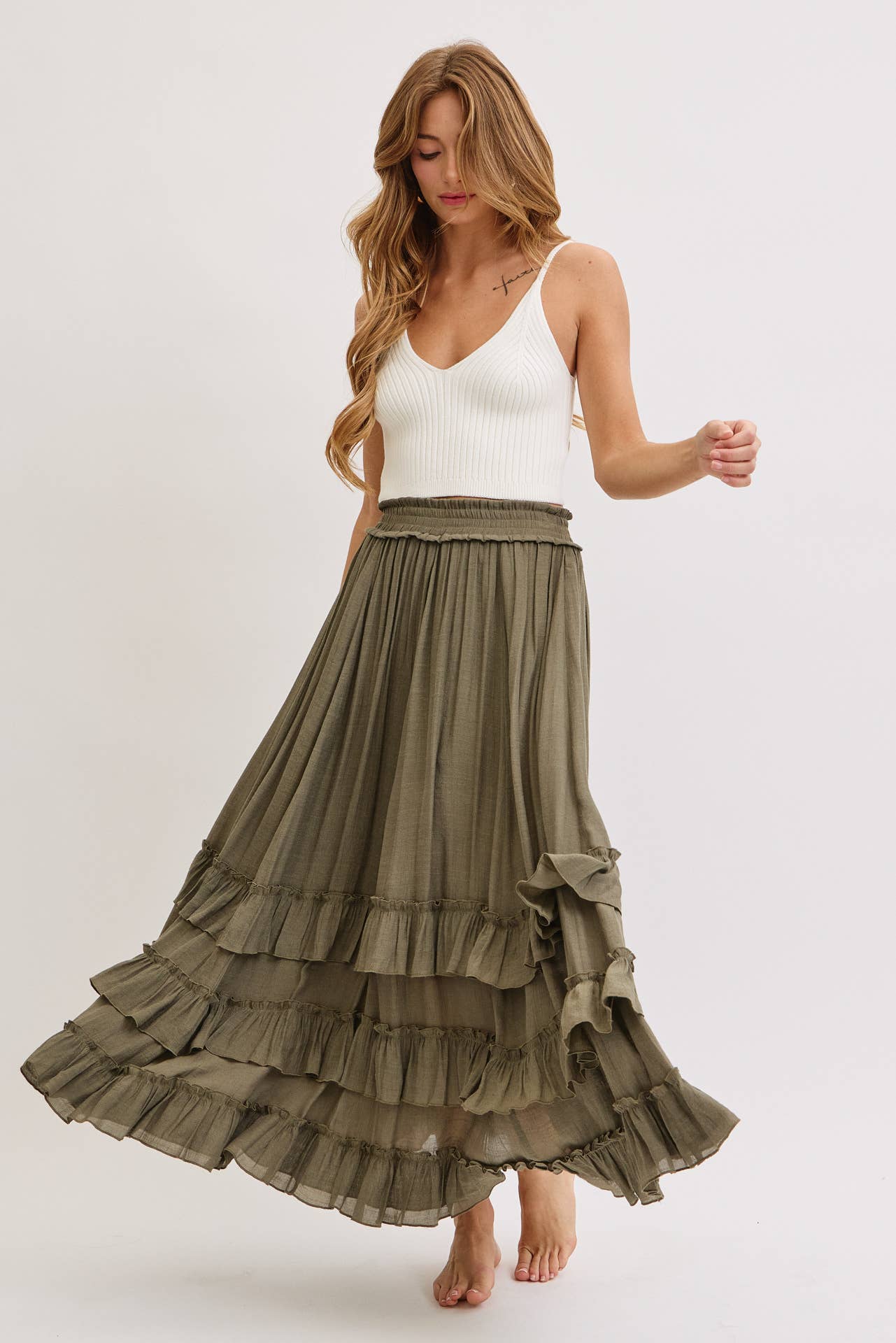 Tiered Ruffle Maxi Skirt - Olive-Skirt- Hometown Style HTS, women's in store and online boutique located in Ingersoll, Ontario