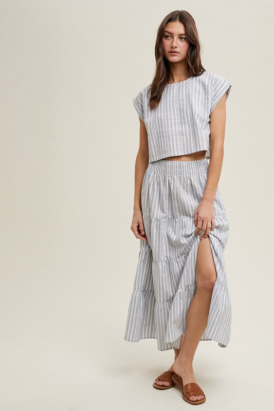 Striped Relaxed Crop top and Skirt Set - Blue-set- Hometown Style HTS, women's in store and online boutique located in Ingersoll, Ontario