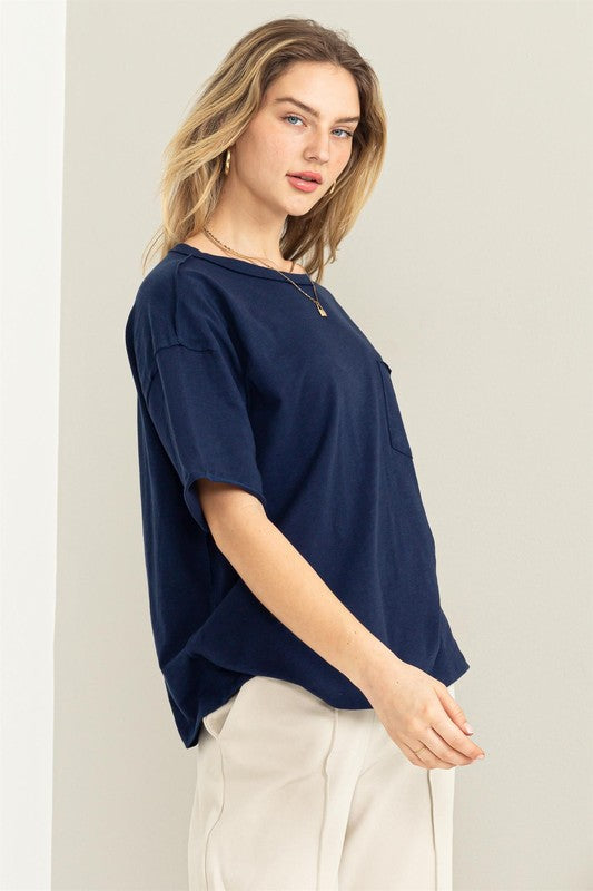 Short Sleeve Tee with Patch Pocket - Navy-tee- Hometown Style HTS, women's in store and online boutique located in Ingersoll, Ontario