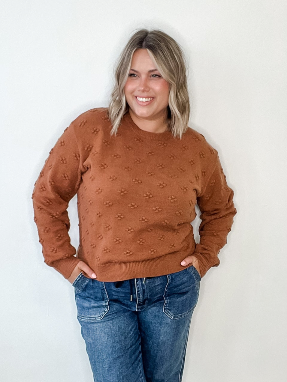 Pom Pom Knit Sweater - Brick-Sweaters and Cardigans- Hometown Style HTS, women's in store and online boutique located in Ingersoll, Ontario