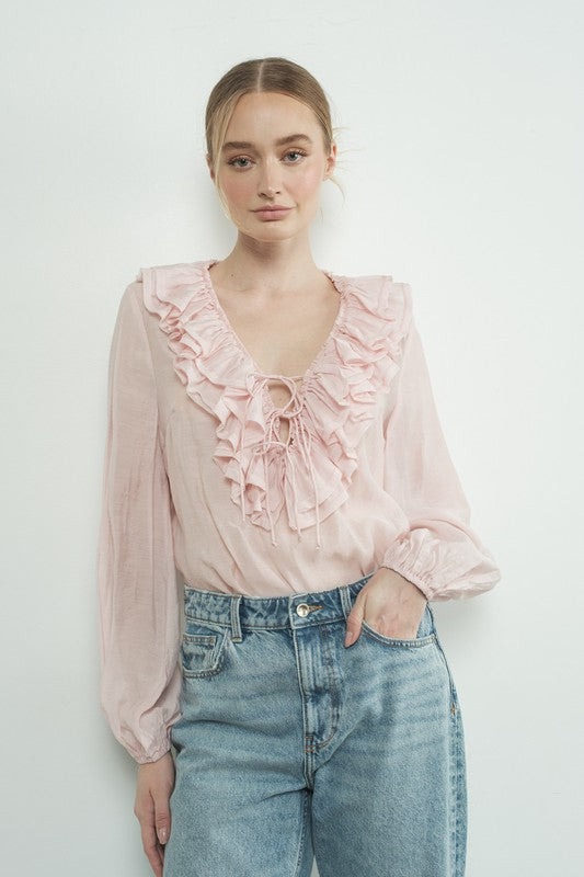 Ruffle Long Sleeve Blouse - Pink- Hometown Style HTS, women's in store and online boutique located in Ingersoll, Ontario