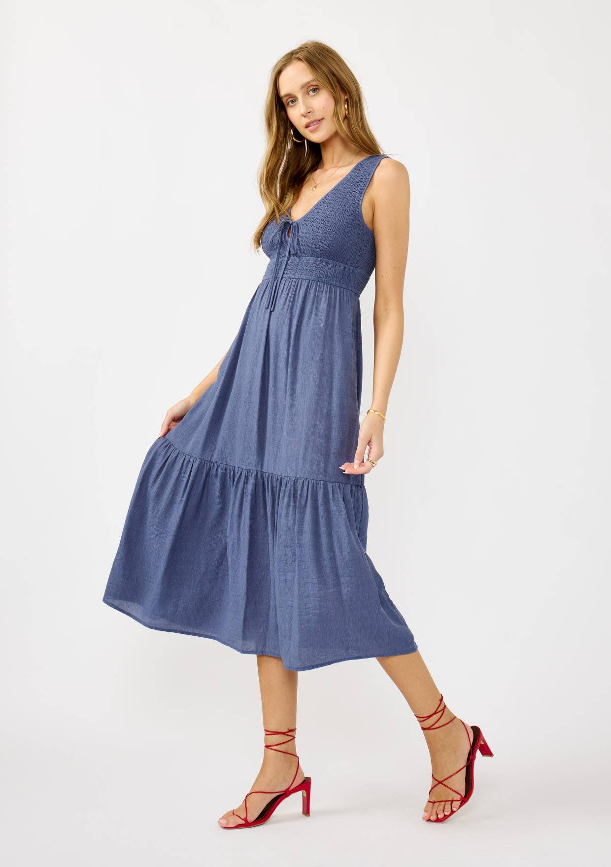 Flowy Tiered Midi Dress with Side Pockets-Slate Blue-dress- Hometown Style HTS, women's in store and online boutique located in Ingersoll, Ontario