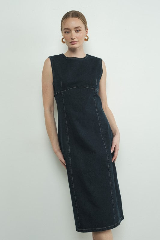 Sleeveless Denim Midi with back Zip-dress- Hometown Style HTS, women's in store and online boutique located in Ingersoll, Ontario