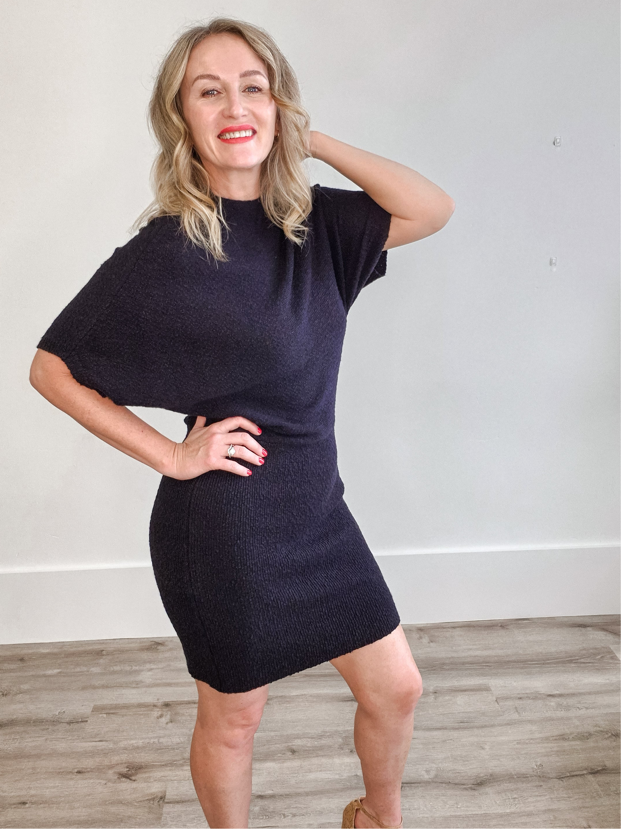 Dolman Sleeve, Knitted Mini Dress - Black-dress- Hometown Style HTS, women's in store and online boutique located in Ingersoll, Ontario