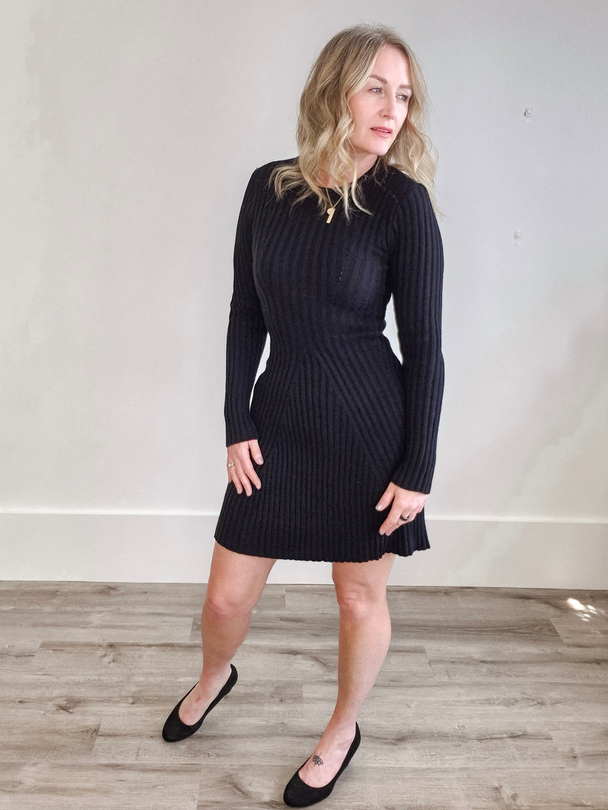Long Sleeve Knitted Dress - Black-Casual Dresses- Hometown Style HTS, women's in store and online boutique located in Ingersoll, Ontario