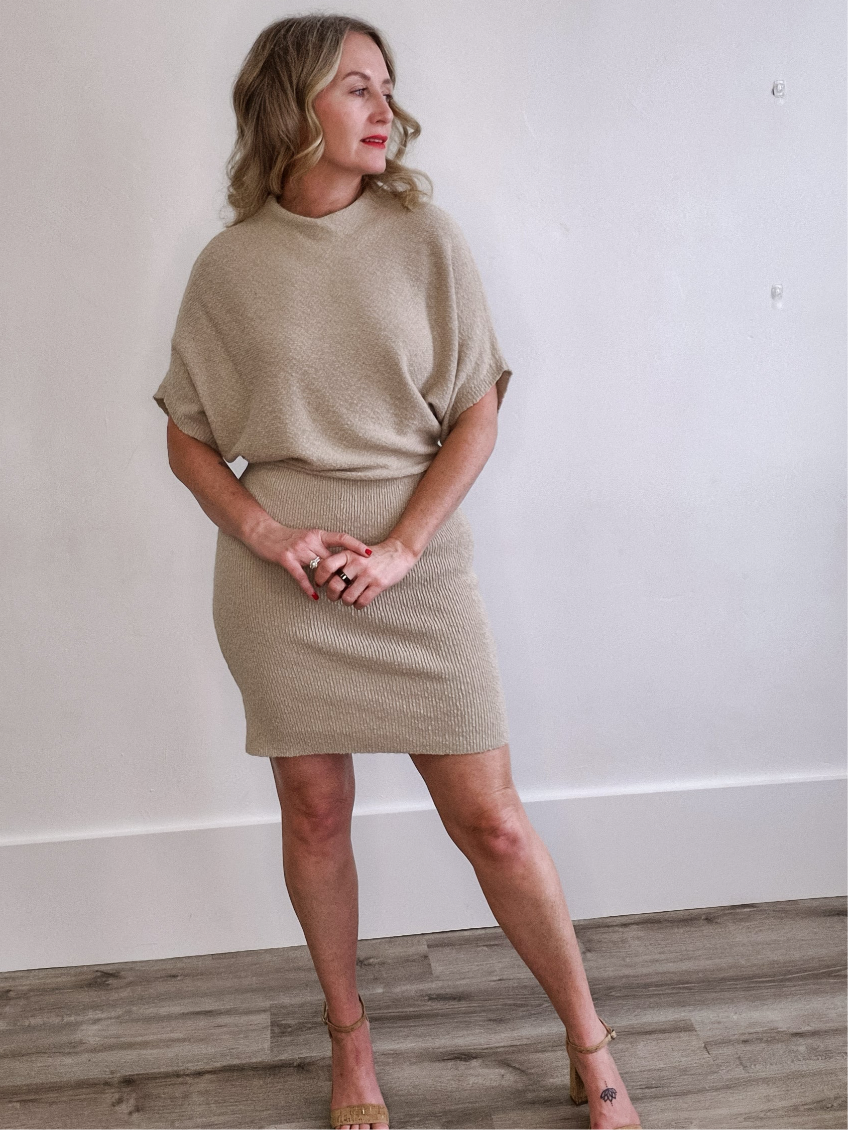 Dolman Sleeve, Knitted Mini Dress - Taupe-dress- Hometown Style HTS, women's in store and online boutique located in Ingersoll, Ontario