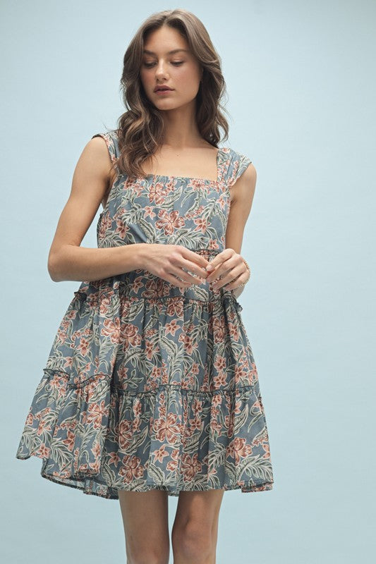 Floral Tiered Mini Dress - Teal-dress- Hometown Style HTS, women's in store and online boutique located in Ingersoll, Ontario