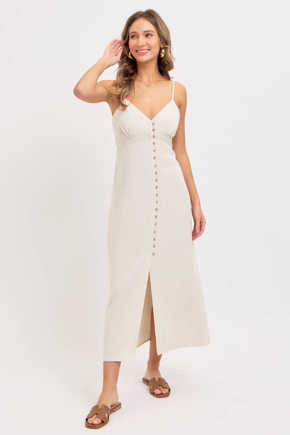 Feminine Linen Blend Midi Dress-dress- Hometown Style HTS, women's in store and online boutique located in Ingersoll, Ontario