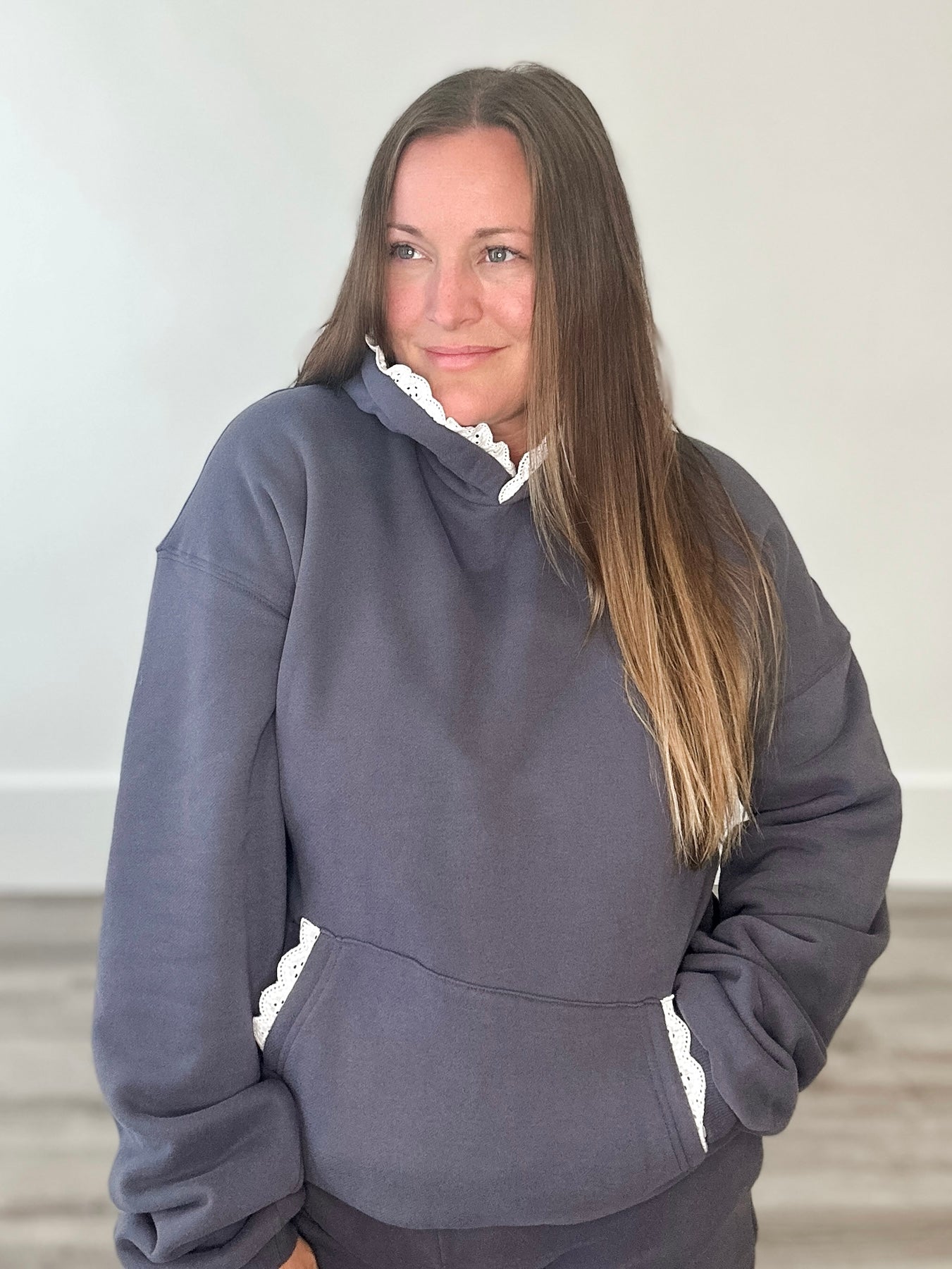 Comfort Zone Hoodie - Charcoal Lace-hoodie- Hometown Style HTS, women's in store and online boutique located in Ingersoll, Ontario