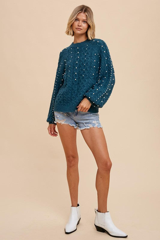 Cable Sweater with Pearl Details - Teal-Sweater- Hometown Style HTS, women's in store and online boutique located in Ingersoll, Ontario
