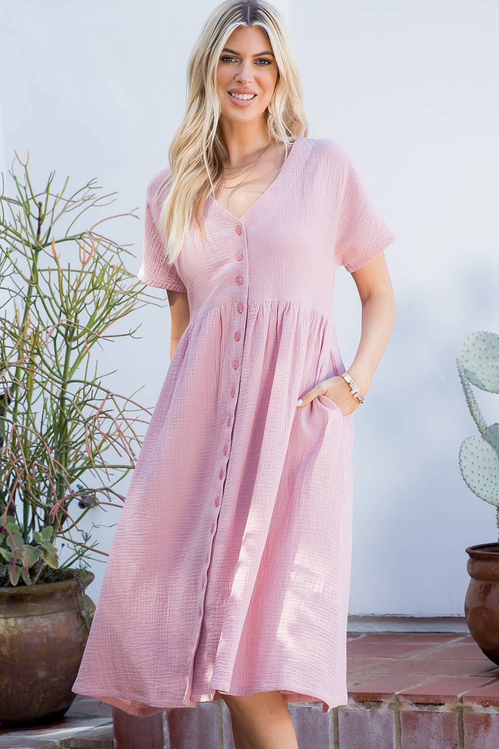 Cotton Button Down Midi Dress - Pink-dress- Hometown Style HTS, women's in store and online boutique located in Ingersoll, Ontario