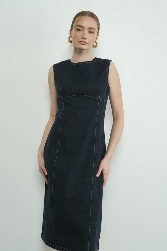 Sleeveless Denim Midi with back Zip-dress- Hometown Style HTS, women's in store and online boutique located in Ingersoll, Ontario