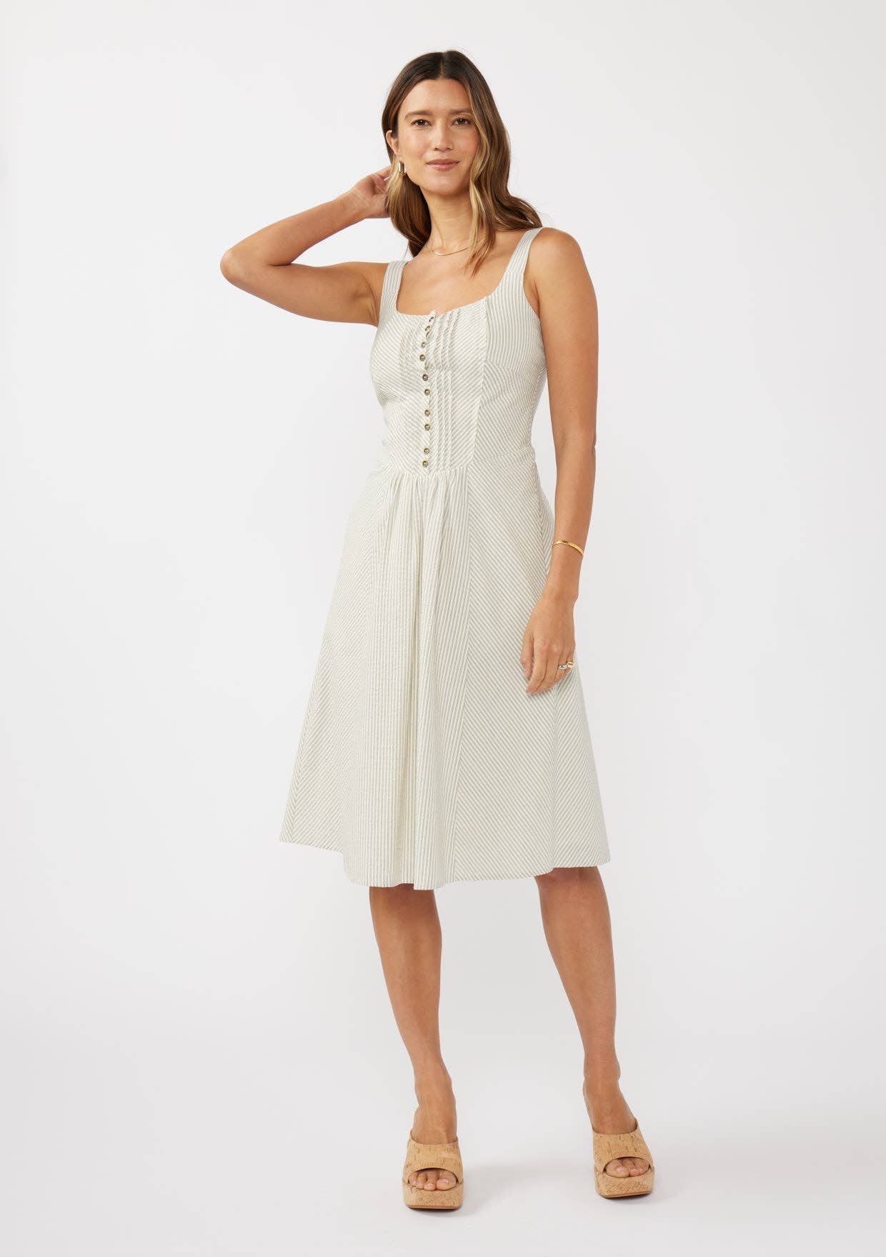 Round Neck Button-Down Corset Midi Dress - Ivory-Dress- Hometown Style HTS, women's in store and online boutique located in Ingersoll, Ontario