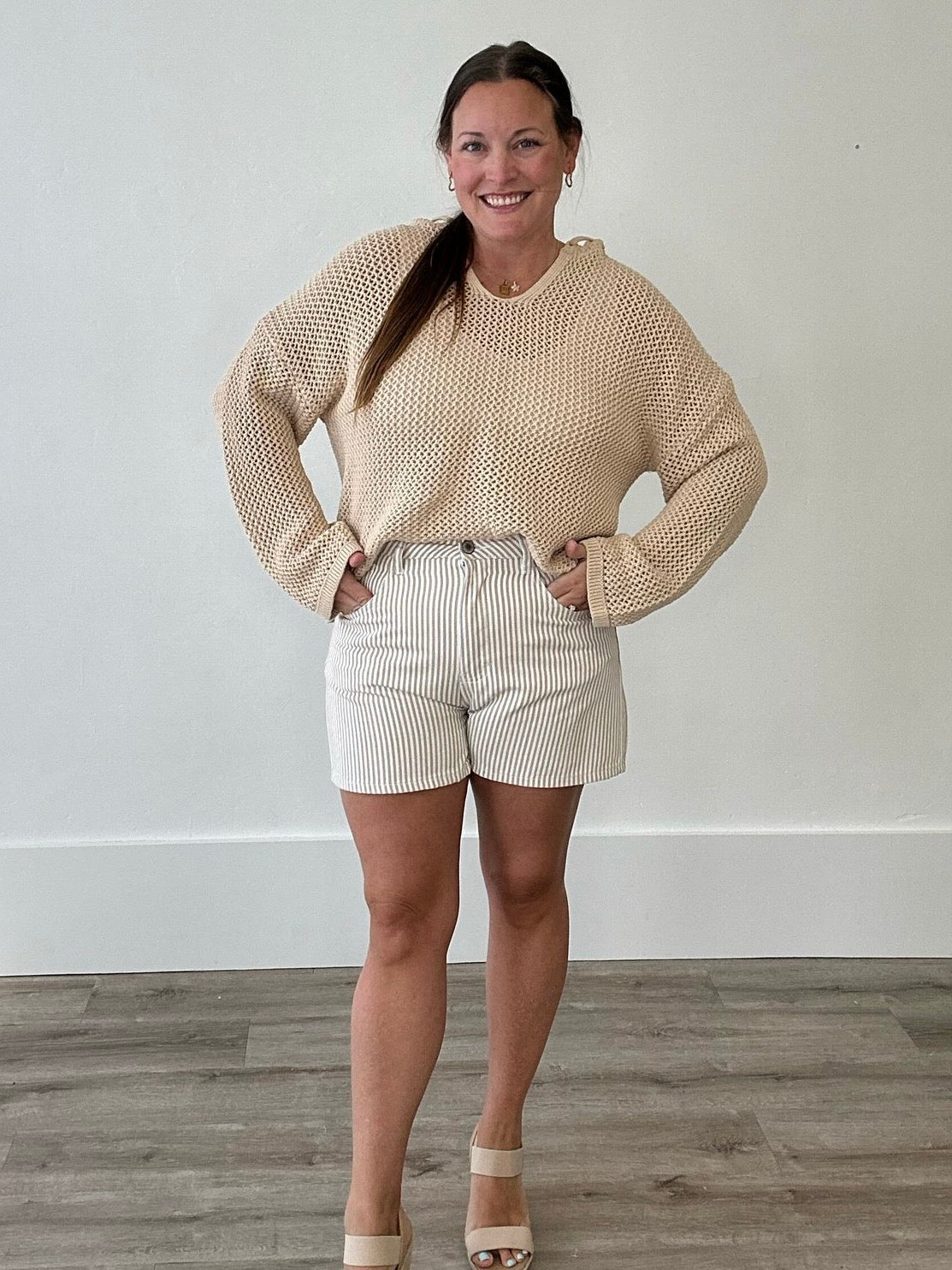 Striped Denim Shorts - Taupe-Shorts- Hometown Style HTS, women's in store and online boutique located in Ingersoll, Ontario