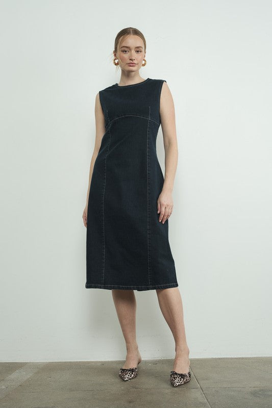 Sleeveless Denim Midi with back Zip-dress- Hometown Style HTS, women's in store and online boutique located in Ingersoll, Ontario