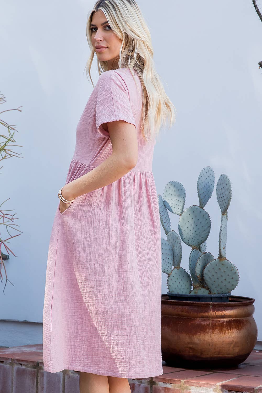 Cotton Button Down Midi Dress - Pink-dress- Hometown Style HTS, women's in store and online boutique located in Ingersoll, Ontario