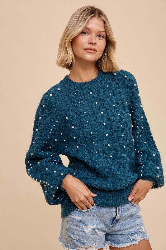 Cable Sweater with Pearl Details - Teal-Sweater- Hometown Style HTS, women's in store and online boutique located in Ingersoll, Ontario