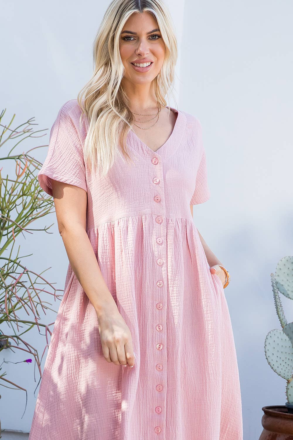 Cotton Button Down Midi Dress - Pink-dress- Hometown Style HTS, women's in store and online boutique located in Ingersoll, Ontario