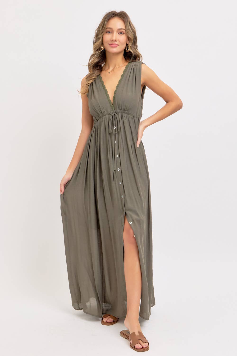 Deep V Neckline Maxi Dress - Olive-dress- Hometown Style HTS, women's in store and online boutique located in Ingersoll, Ontario