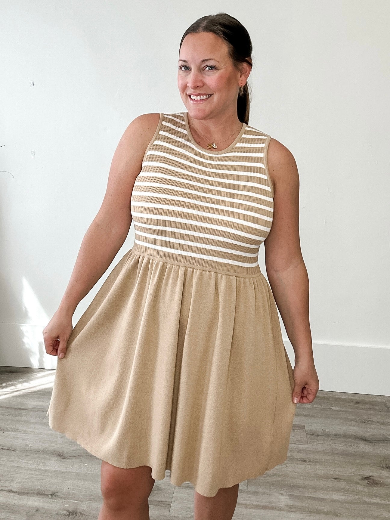 Striped Mini Sweater Tank Dress - Taupe/White-dress- Hometown Style HTS, women's in store and online boutique located in Ingersoll, Ontario