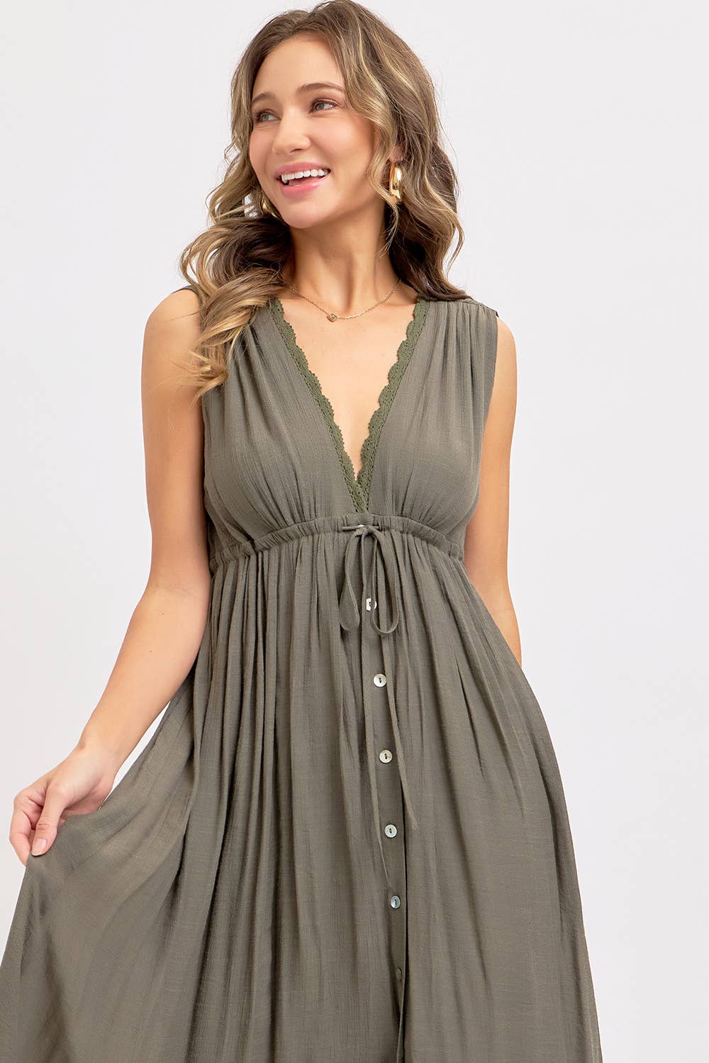 Deep V Neckline Maxi Dress - Olive-dress- Hometown Style HTS, women's in store and online boutique located in Ingersoll, Ontario
