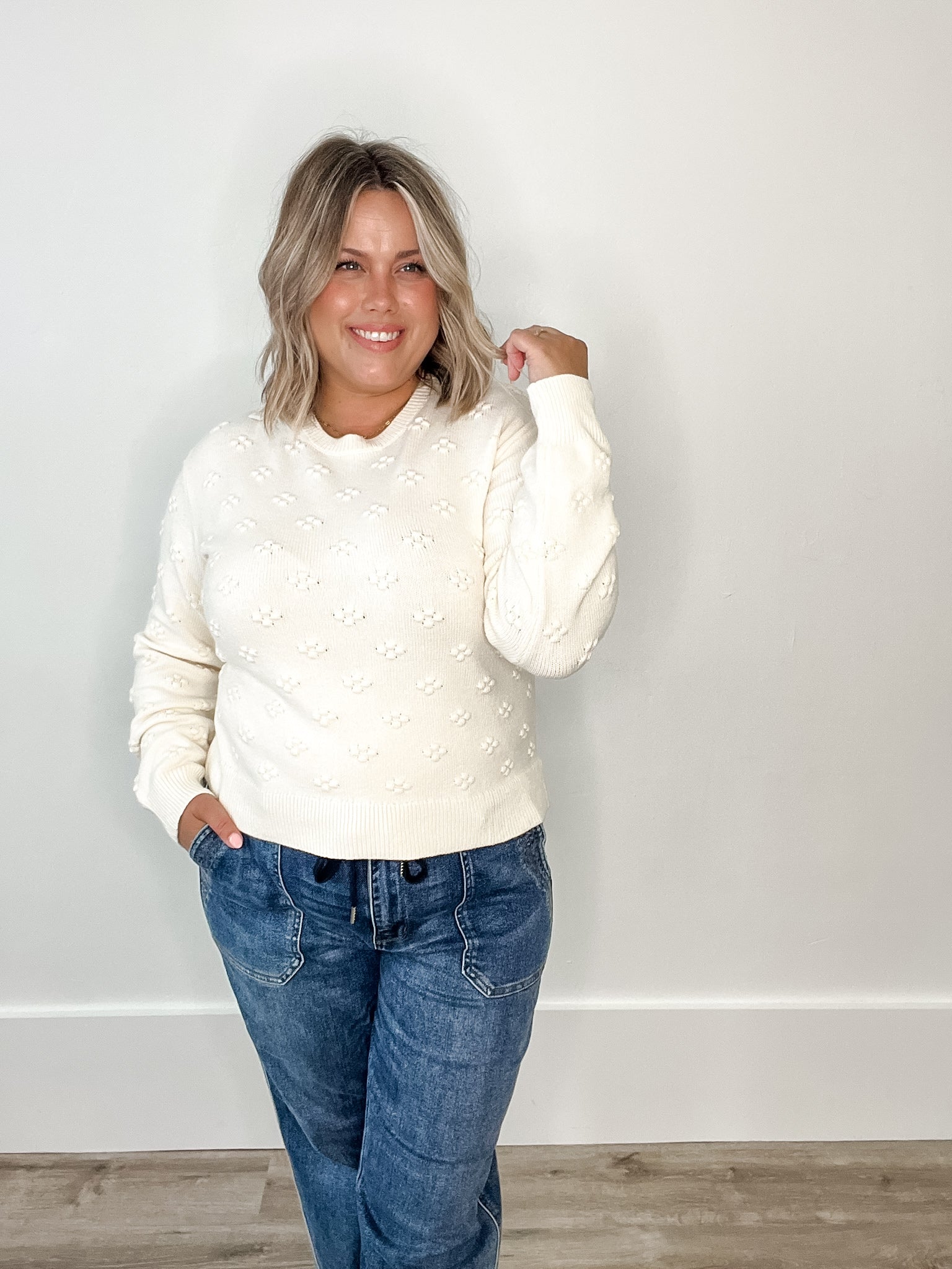 Pom Pom Knit Sweater - Off White-Sweaters and Cardigans- Hometown Style HTS, women's in store and online boutique located in Ingersoll, Ontario