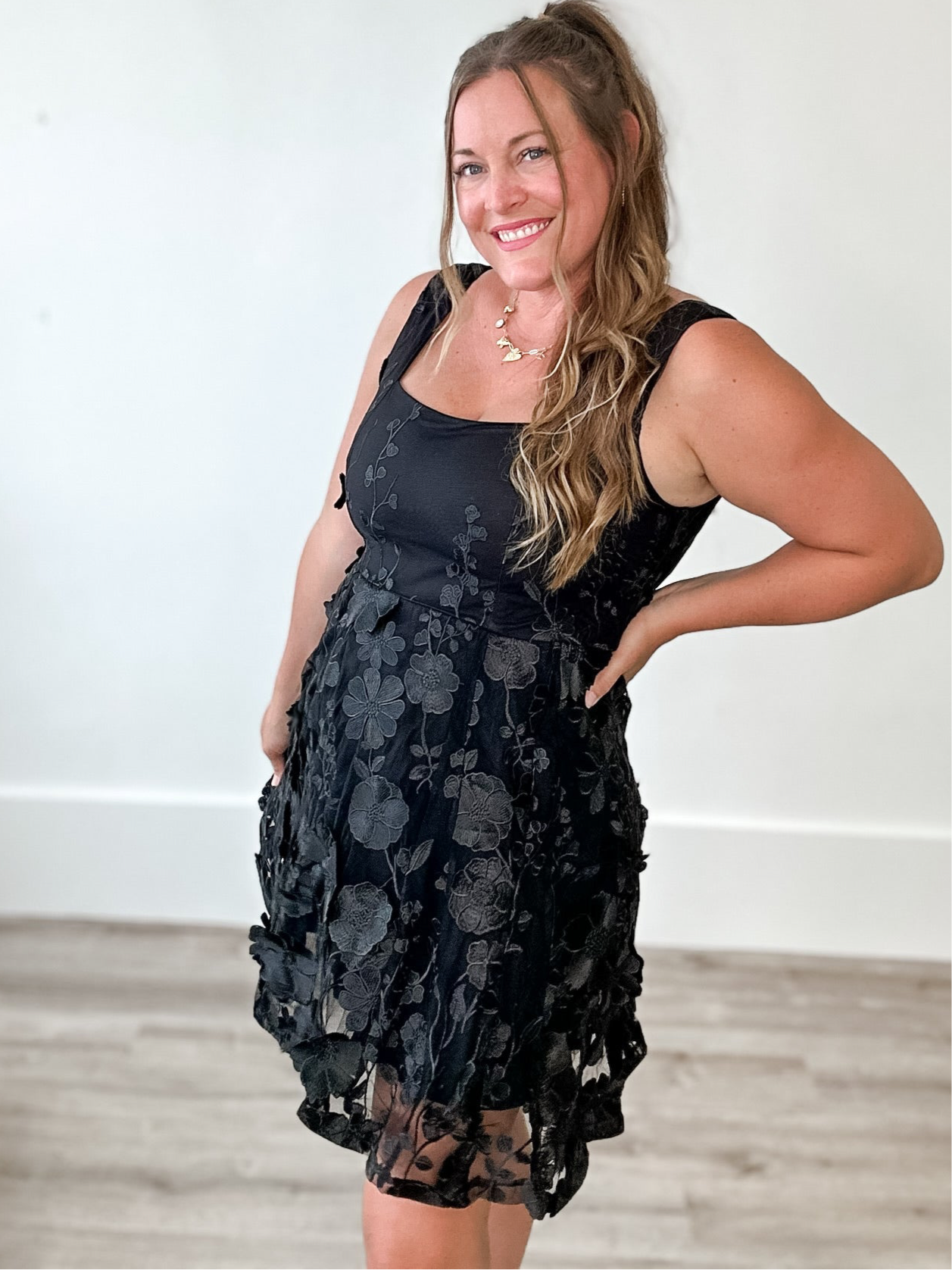 Square Neck 3D Floral Lace Mini Dress - Black-Special Occasion Dress- Hometown Style HTS, women's in store and online boutique located in Ingersoll, Ontario
