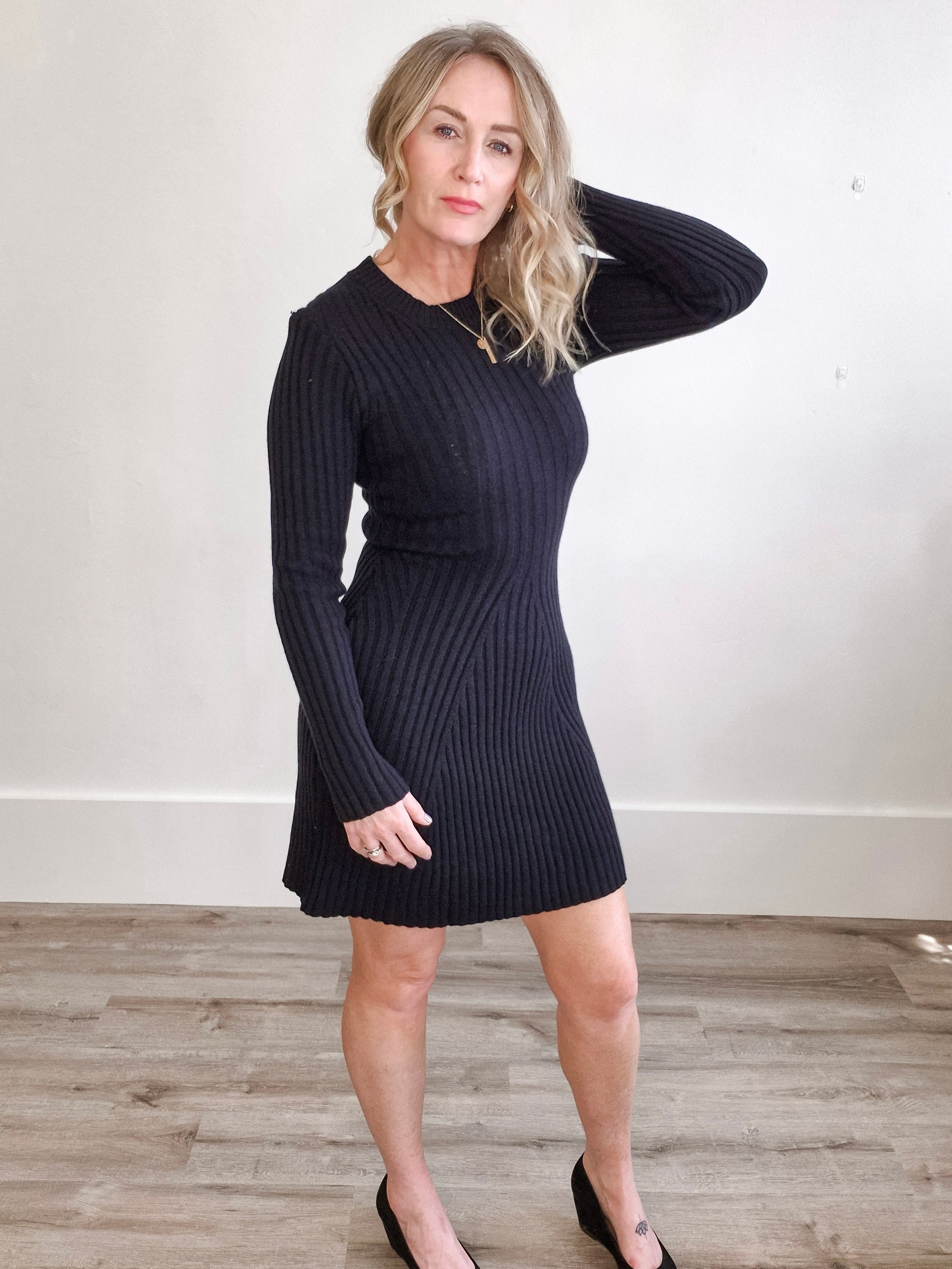 Long Sleeve Knitted Dress - Black-Casual Dresses- Hometown Style HTS, women's in store and online boutique located in Ingersoll, Ontario