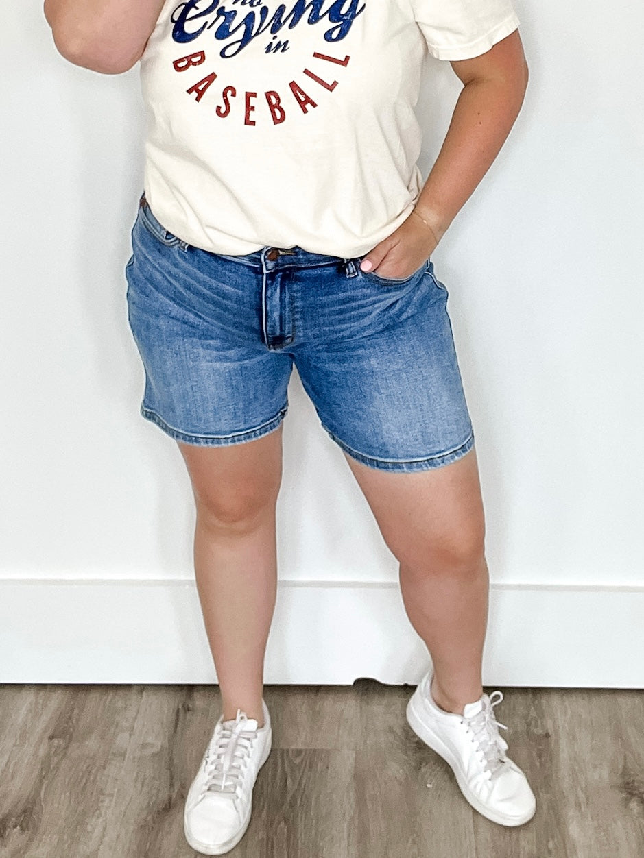 JB - Adjustable Waist Dad Shorts Medium Wash-denim- Hometown Style HTS, women's in store and online boutique located in Ingersoll, Ontario