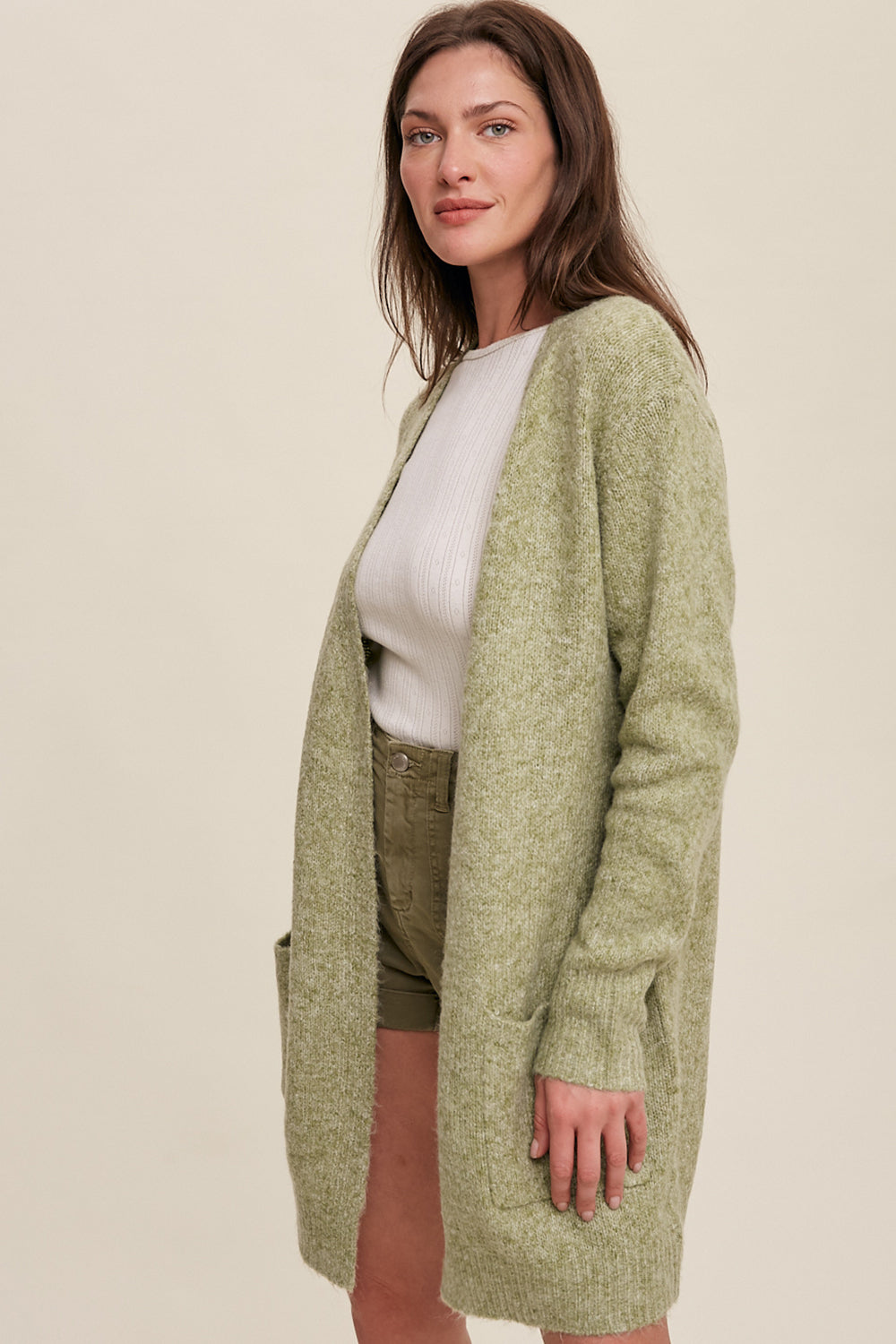 Open Front, Two Pocket Cardigan - Olive-Sweater- Hometown Style HTS, women's in store and online boutique located in Ingersoll, Ontario