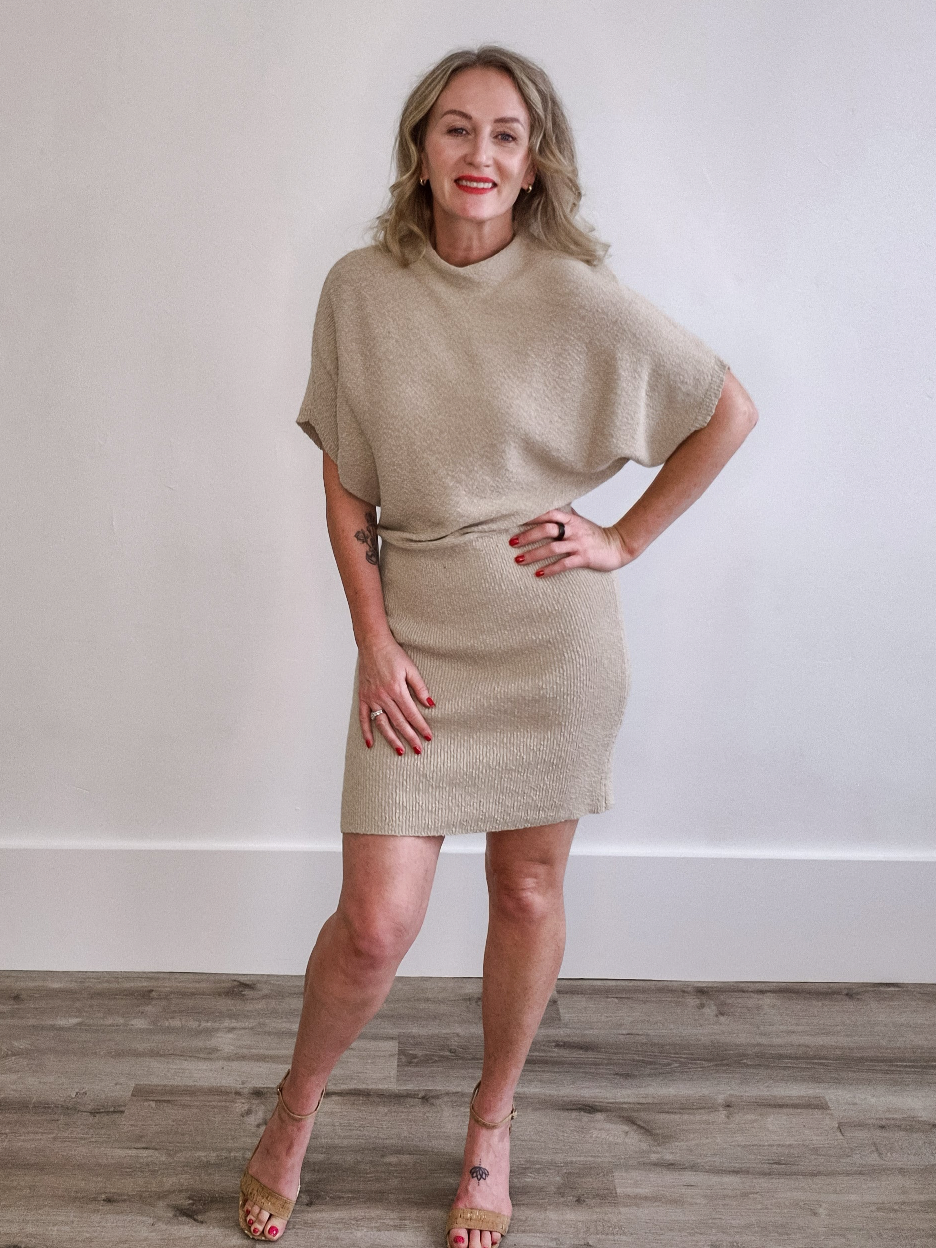 Dolman Sleeve, Knitted Mini Dress - Taupe-dress- Hometown Style HTS, women's in store and online boutique located in Ingersoll, Ontario