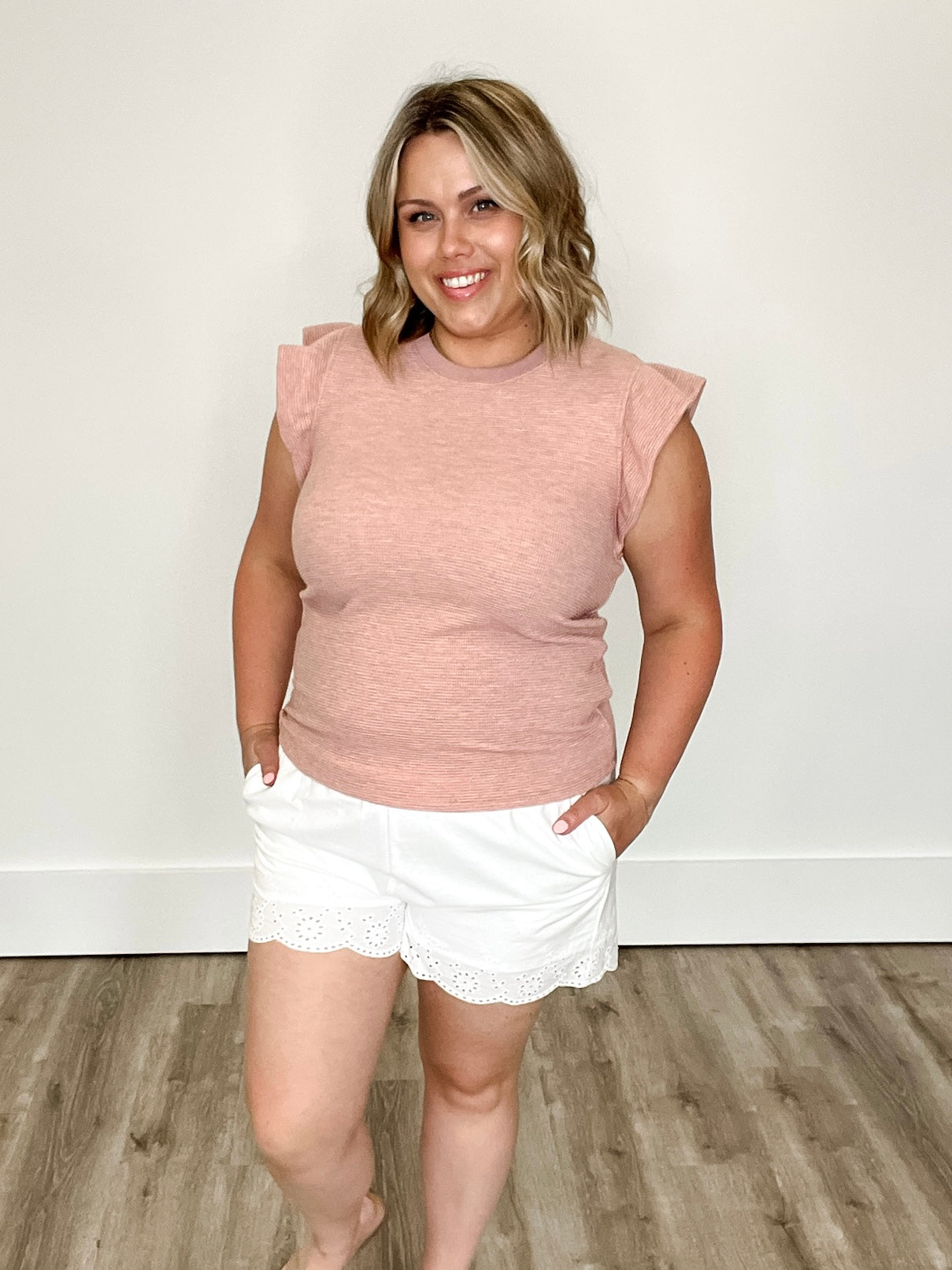Ruffle Sleeve Waffle Knit Top - Rose-tank- Hometown Style HTS, women's in store and online boutique located in Ingersoll, Ontario