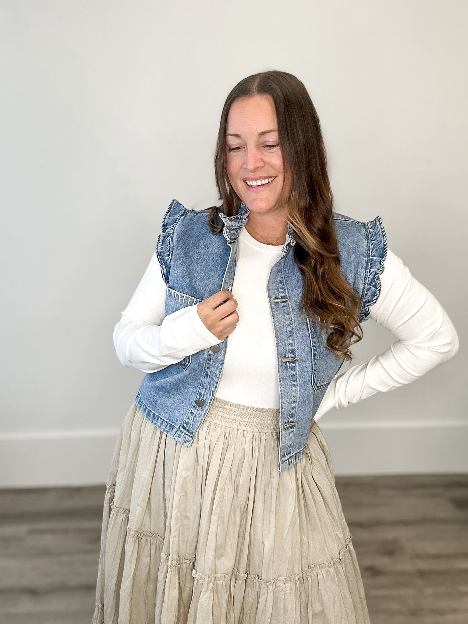 Ruffled Denim Vest-vest- Hometown Style HTS, women's in store and online boutique located in Ingersoll, Ontario