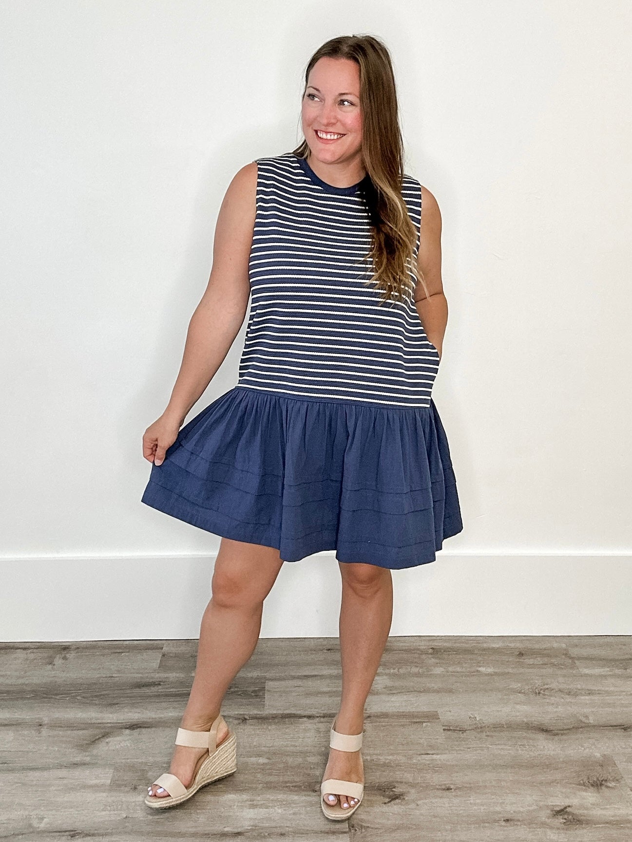 Mixed Media Striped Mini Dress - Blue & Cream-Dress- Hometown Style HTS, women's in store and online boutique located in Ingersoll, Ontario