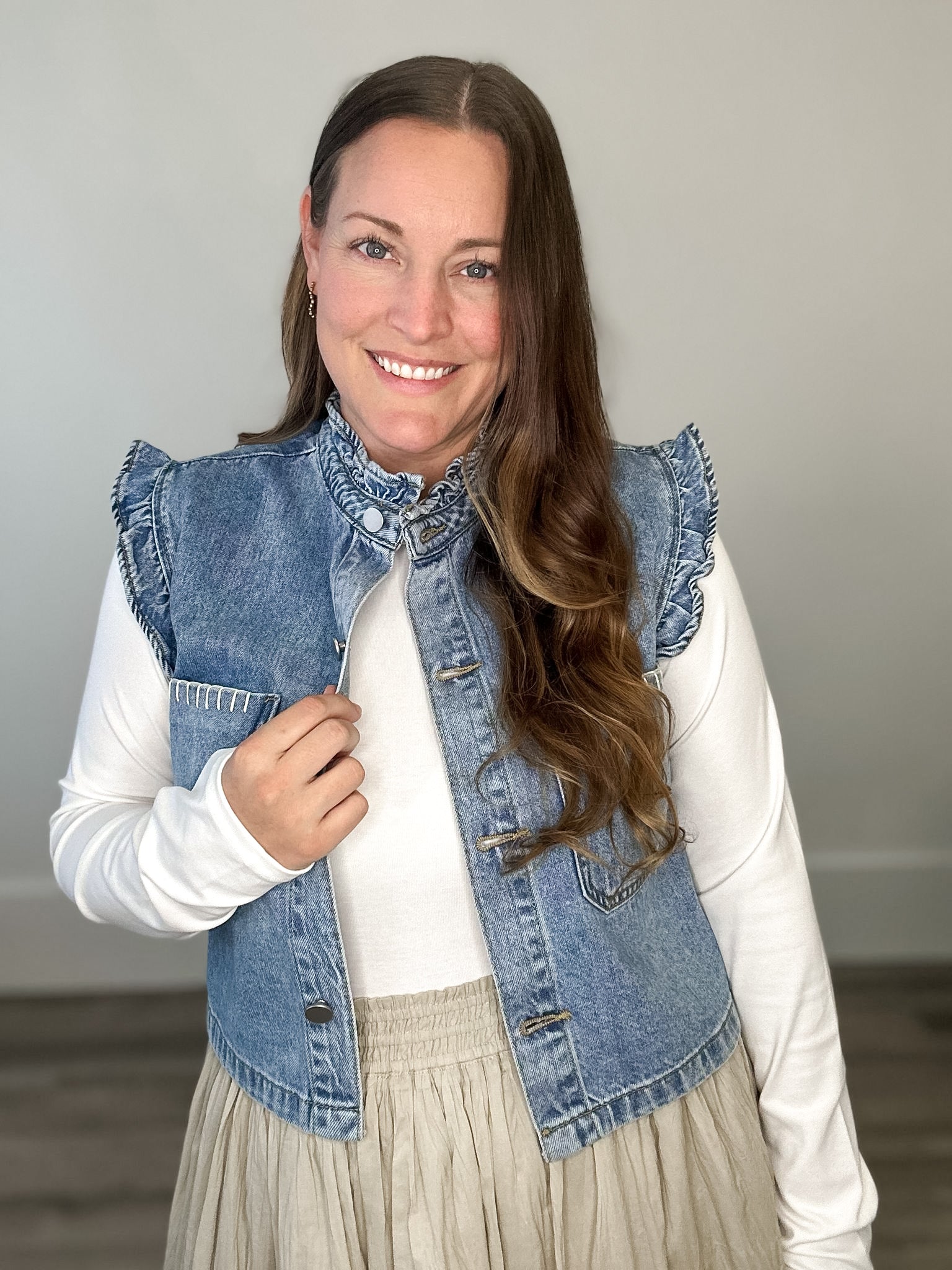 Ruffled Denim Vest-vest- Hometown Style HTS, women's in store and online boutique located in Ingersoll, Ontario