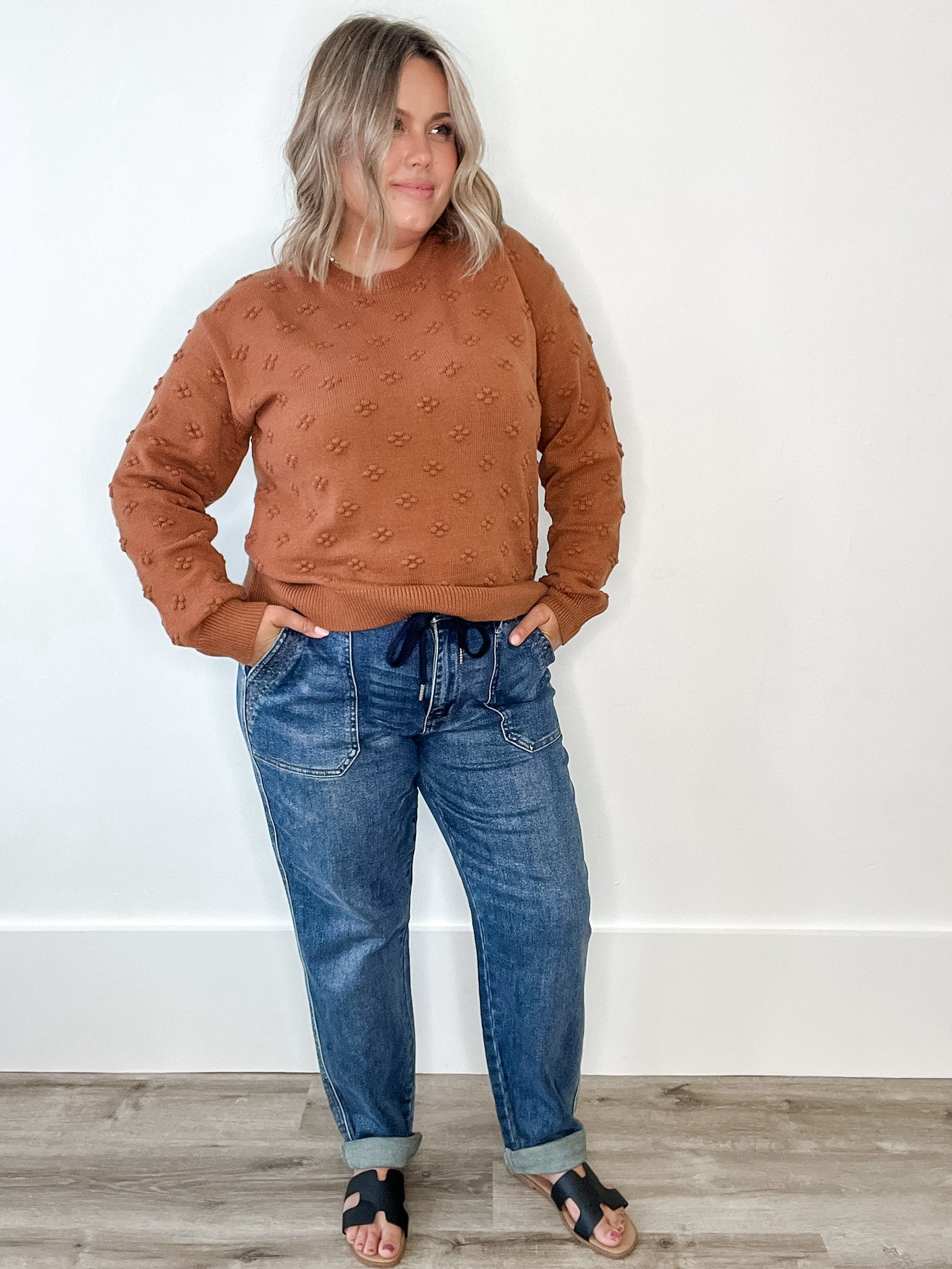 Pom Pom Knit Sweater - Brick-Sweaters and Cardigans- Hometown Style HTS, women's in store and online boutique located in Ingersoll, Ontario