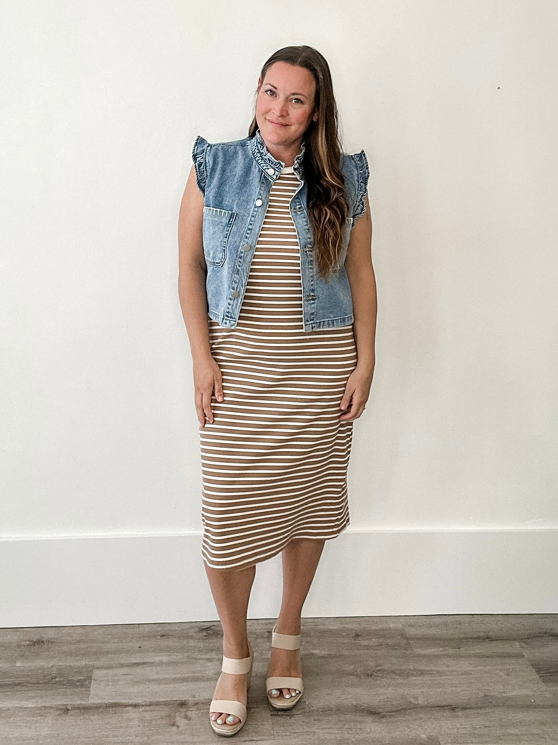 Striped Midi Ribbed Knit Dress - Mocha/Cream-dress- Hometown Style HTS, women's in store and online boutique located in Ingersoll, Ontario
