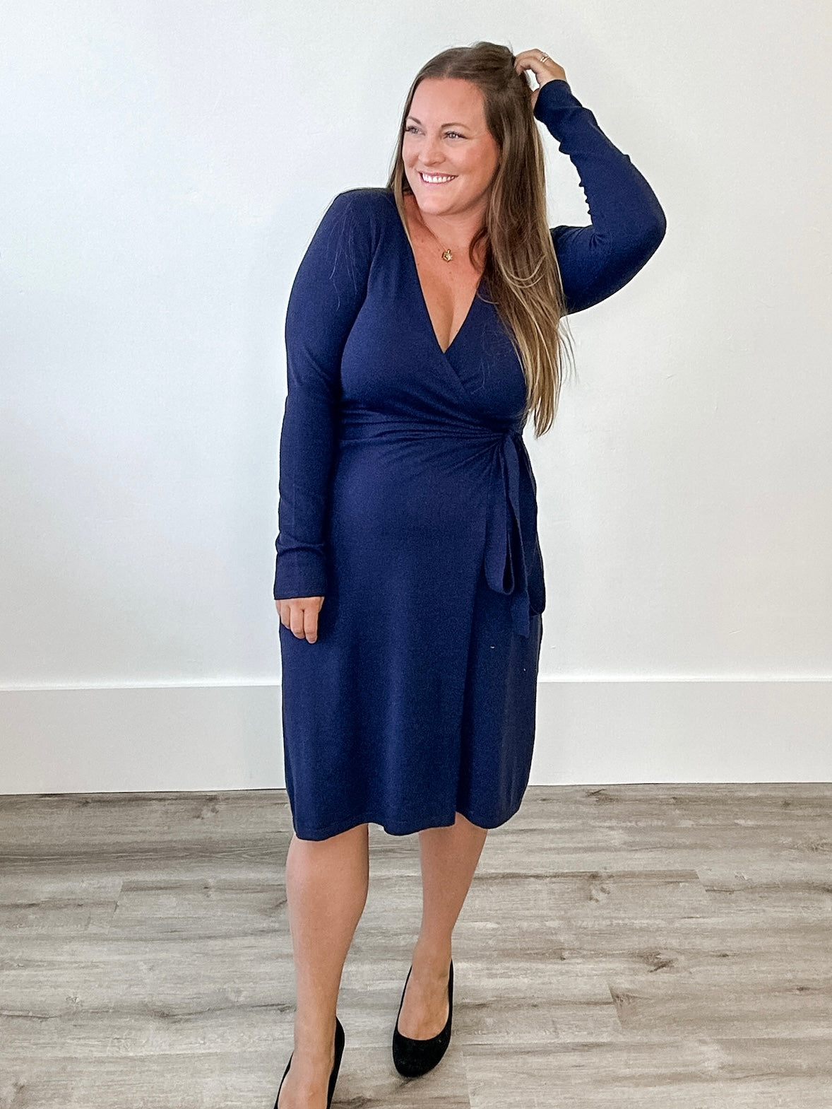 Long Sleeve Wrap Dress - Navy-dress- Hometown Style HTS, women's in store and online boutique located in Ingersoll, Ontario