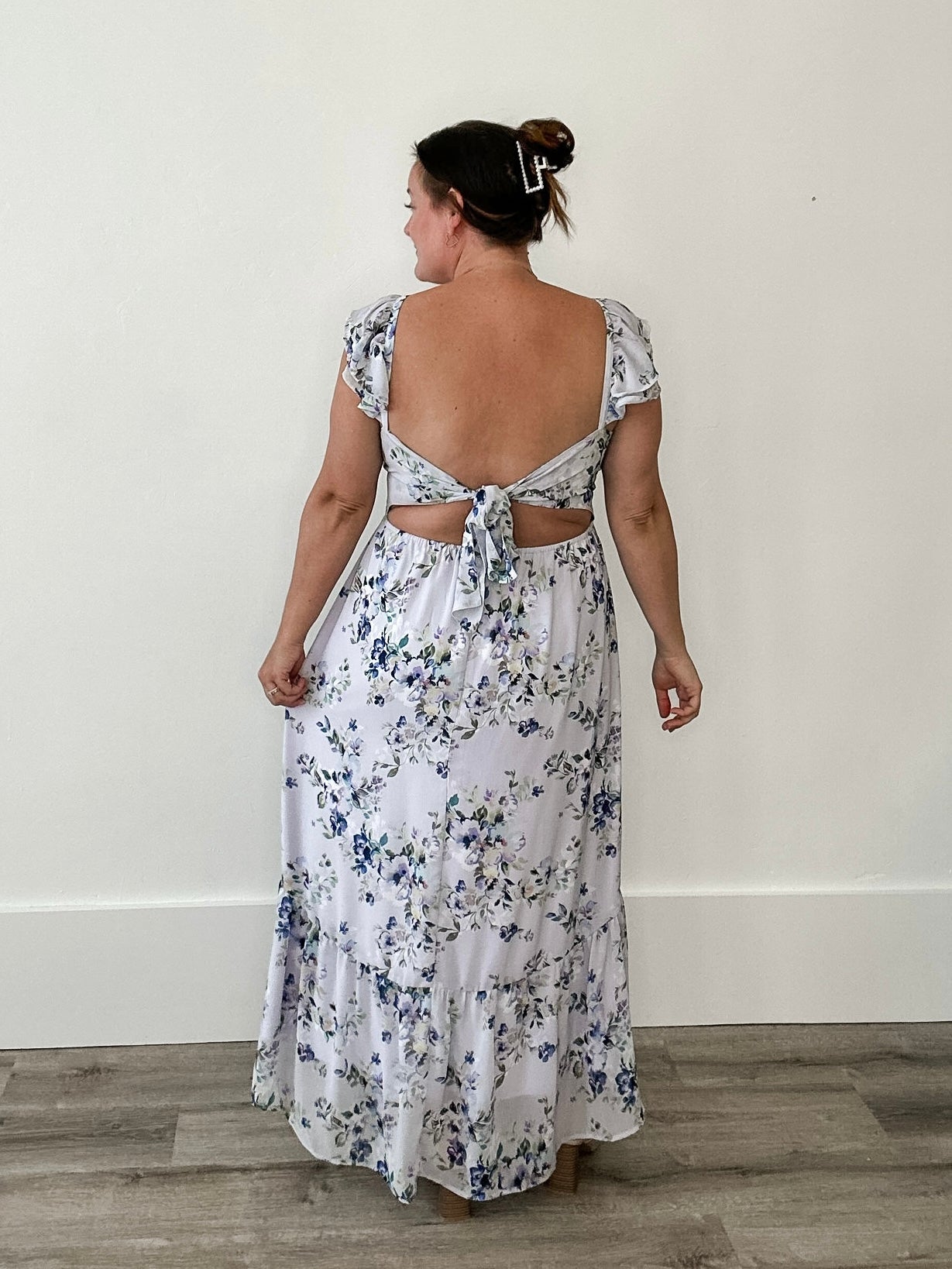Floral Textured Open Back Tie Maxi Dress-Dress- Hometown Style HTS, women's in store and online boutique located in Ingersoll, Ontario